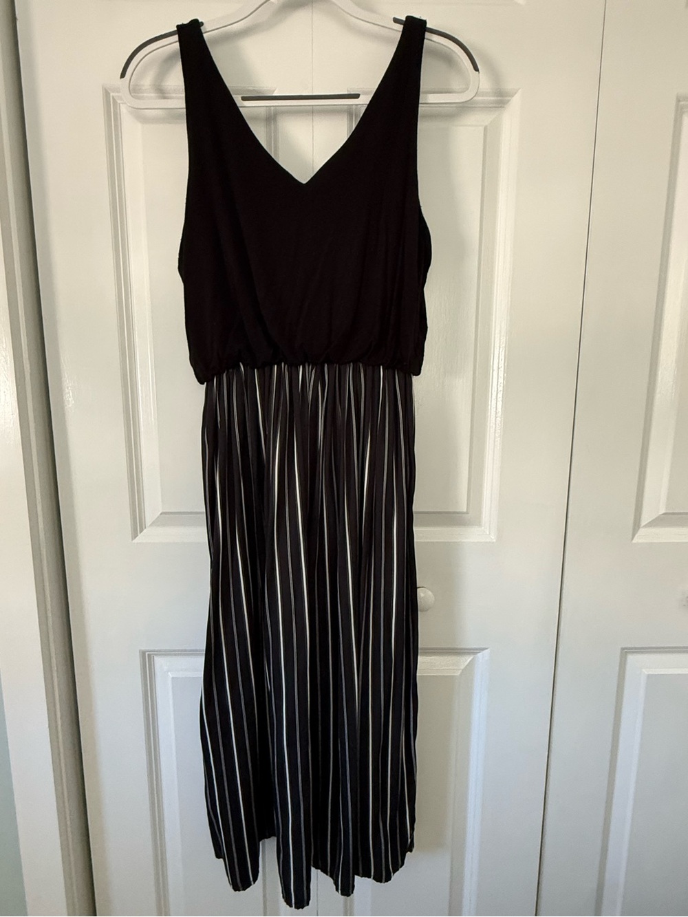 LOFT Black and Stripes Midi Dress Small